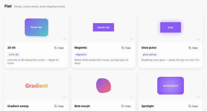 StyleSeed motion gallery — flashy named moves: tilt-3d, magnetic, glow-pulse, gradient-sweep, blob-morph, spotlight