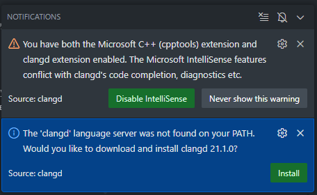 clangd 확장 설치시 알림 창