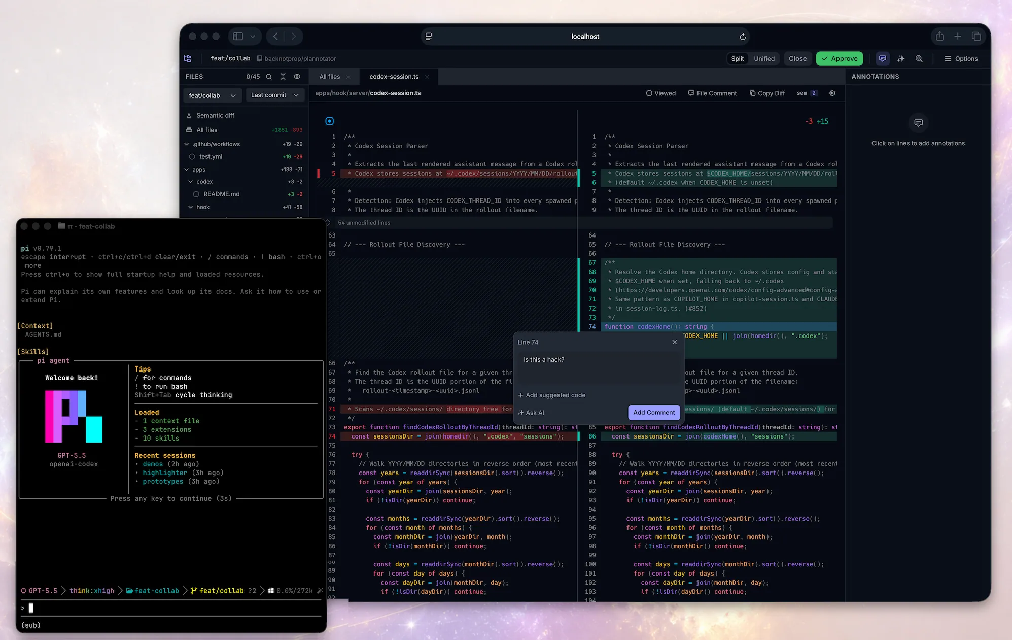 Code review with file tree and side-by-side diff