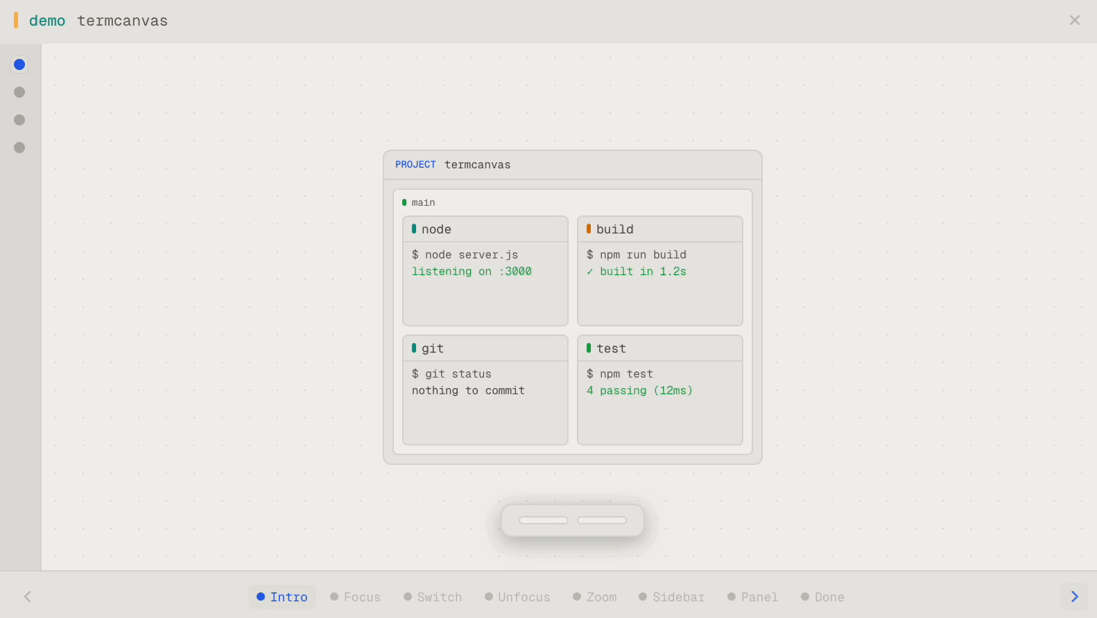 TermCanvas in action — canvas navigation, focus, zoom, and panel switching