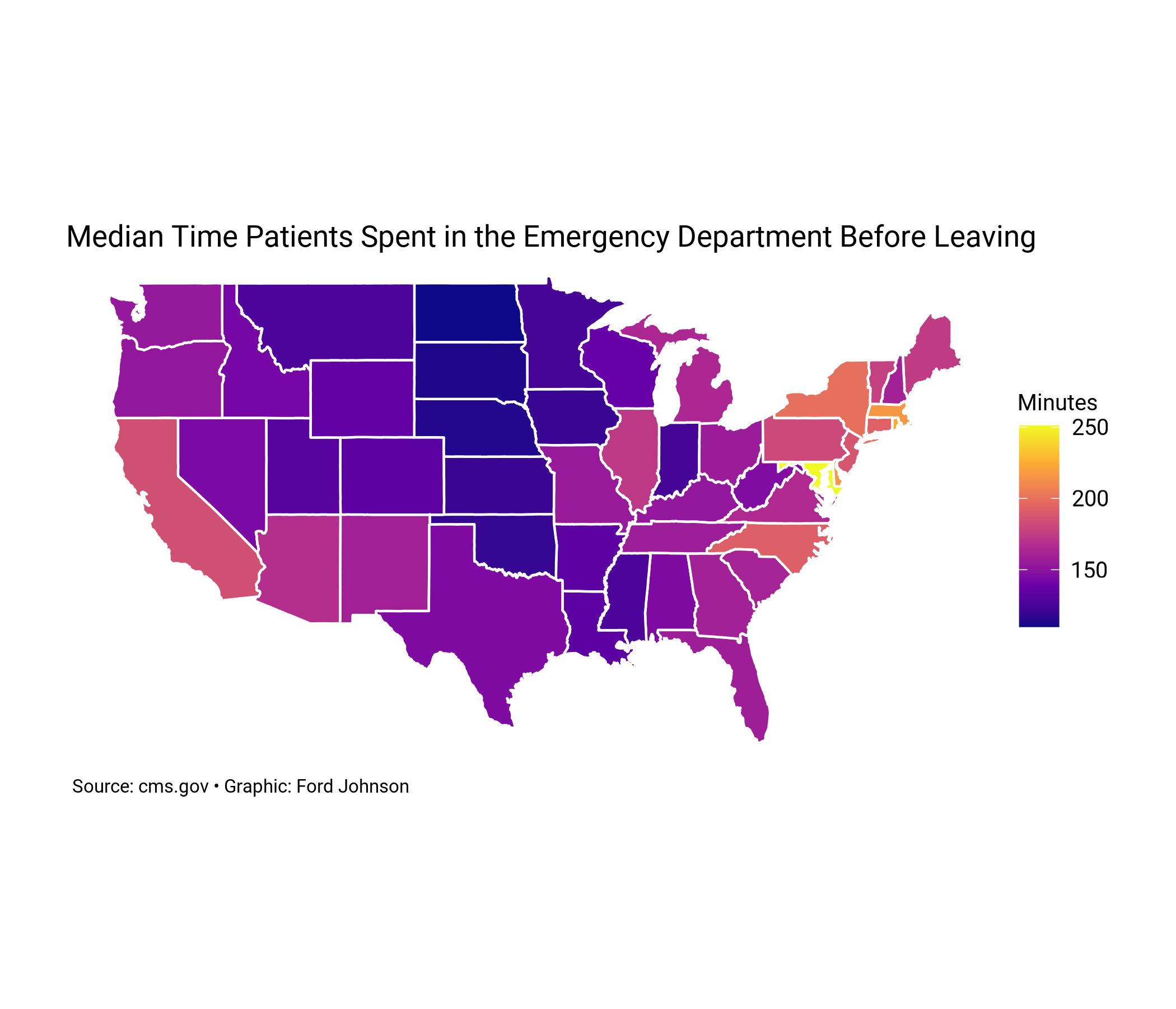 U.S. map colored by state, showing median emergency department wait times in minutes.