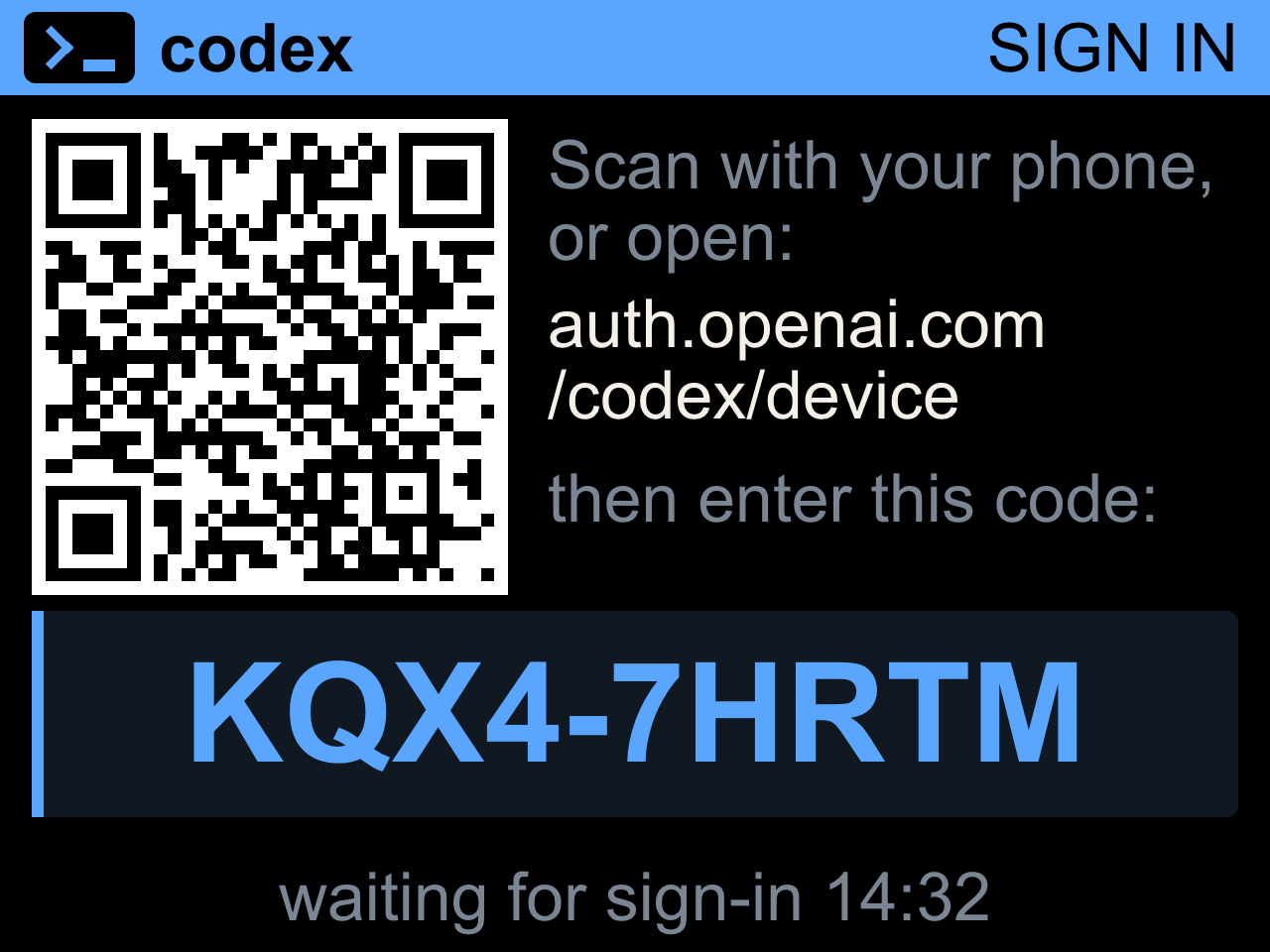 Blue SIGN IN screen with a QR code and a sign-in code