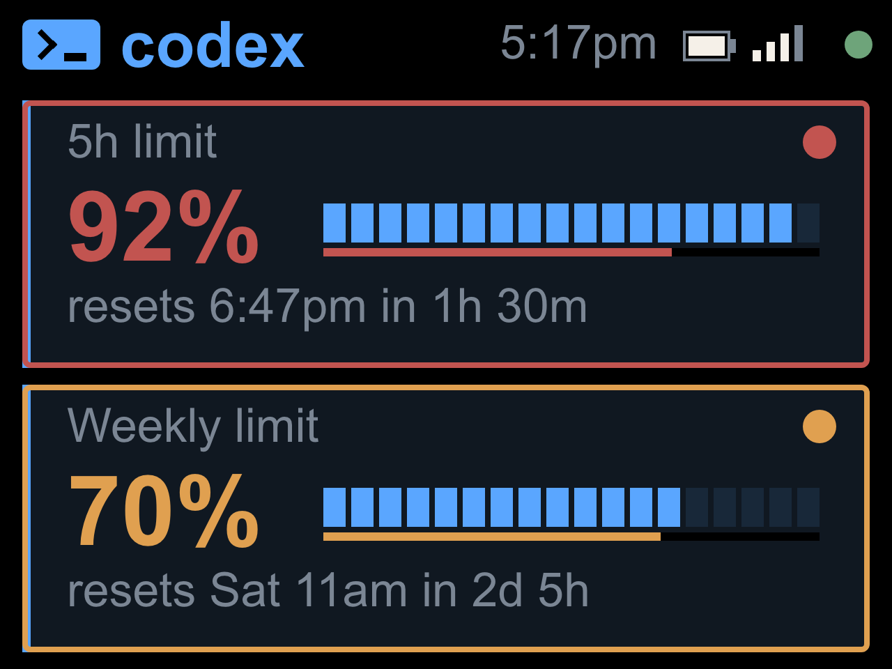 Codex screen with the 5h card red and weekly card amber