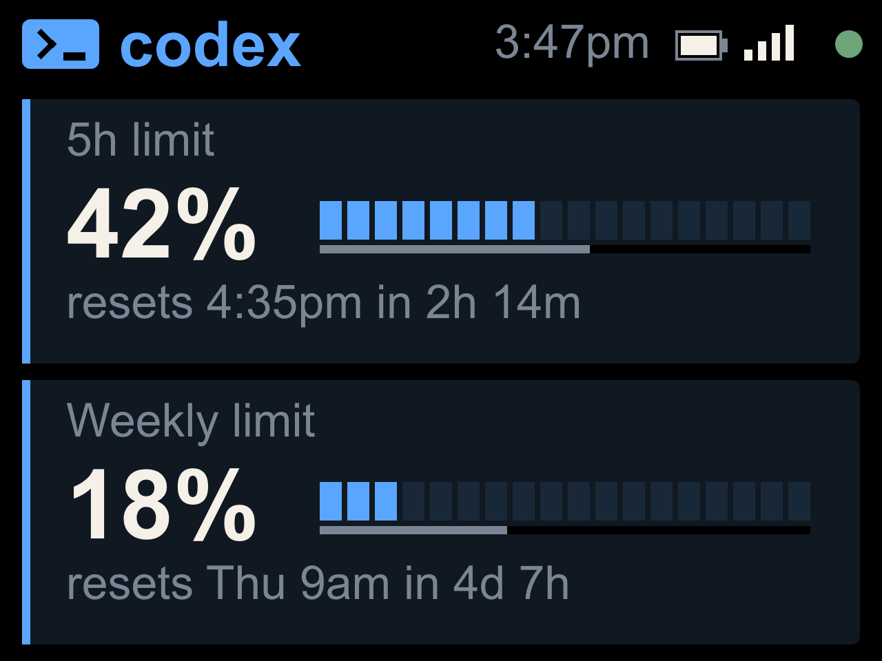 codeMeter showing Codex 5h and weekly usage