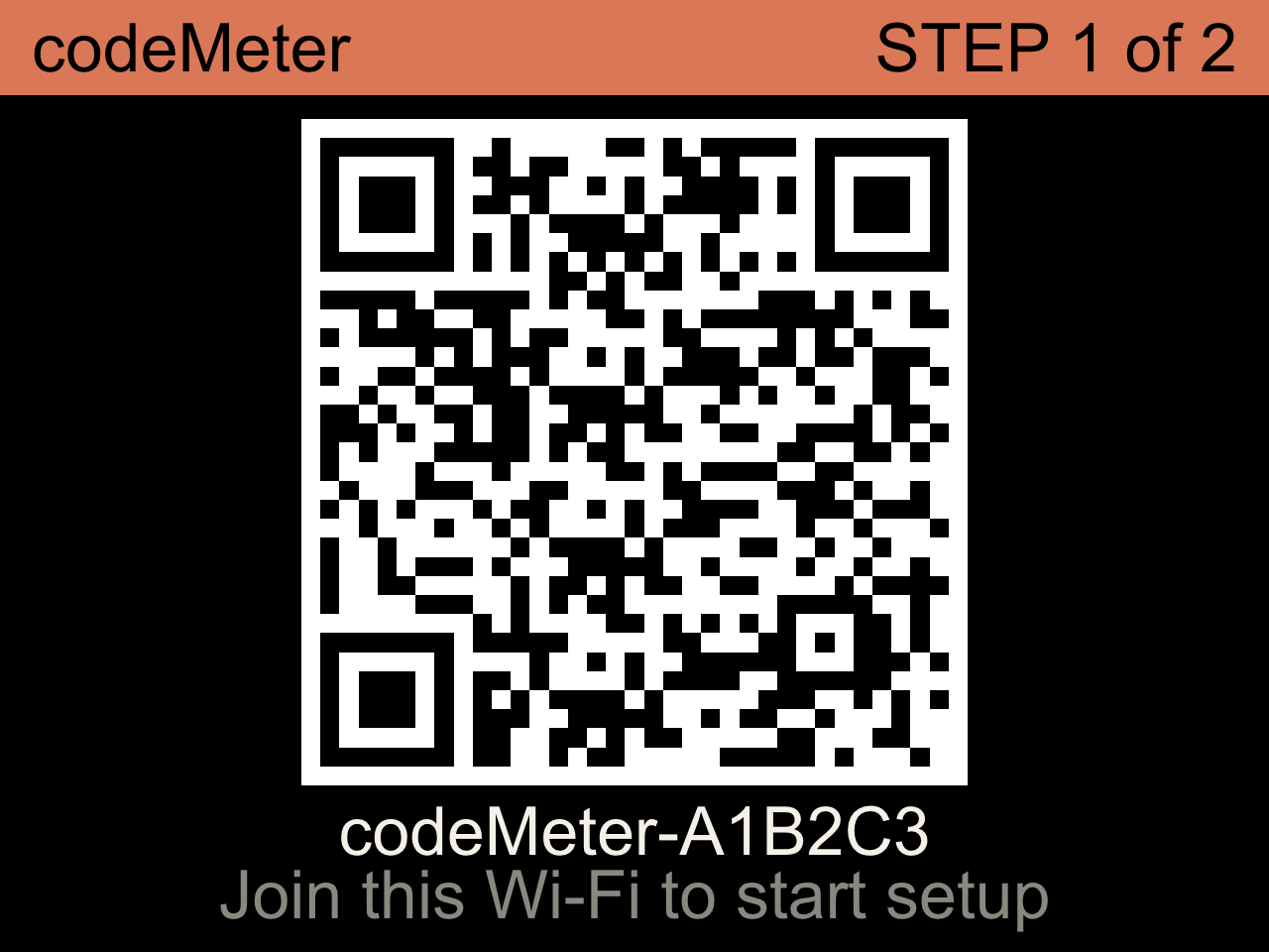 codeMeter STEP 1 screen with a Wi-Fi QR code