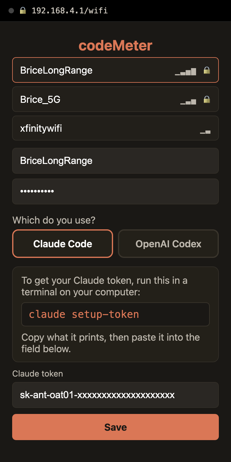 Setup page with Claude Code selected and the Claude token box