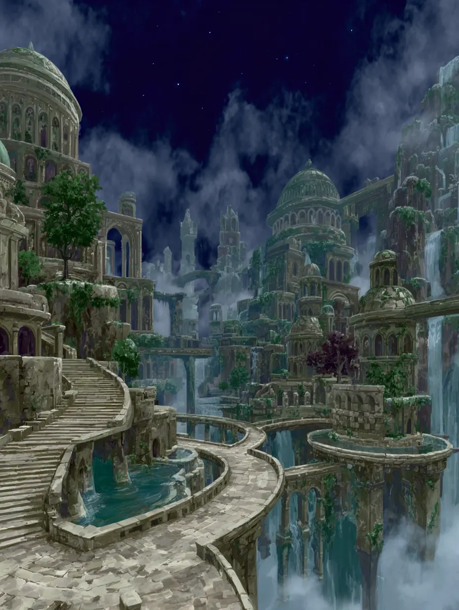 Caelivarra - Floating within the embrace of a rare mist condensing into perpetual, crystalline waterfalls which sustain the city's tiered gardens and power the mechanisms of its vast, humming archives. Here, knowledge flows as surely as water.