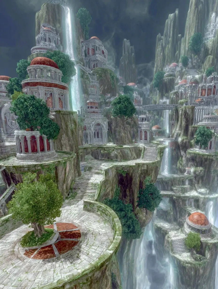 Falls of Miraval - Cascading waters pour from endless sky, each droplet containing a single wish left unspoken. Seekers come to reclaim lost hopes. Symbol: Endless waterfalls suspended in mist.