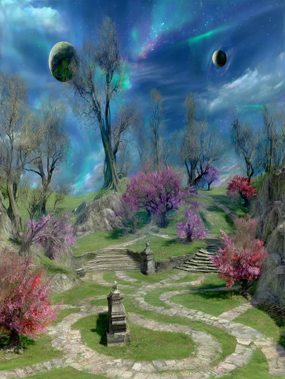 Gardens of Astravell - An orchard beneath auroras, watched by twin moons in perpetual eclipse. Here, memories bloom as flowers, tended by spectral gardeners seeking remembrance.