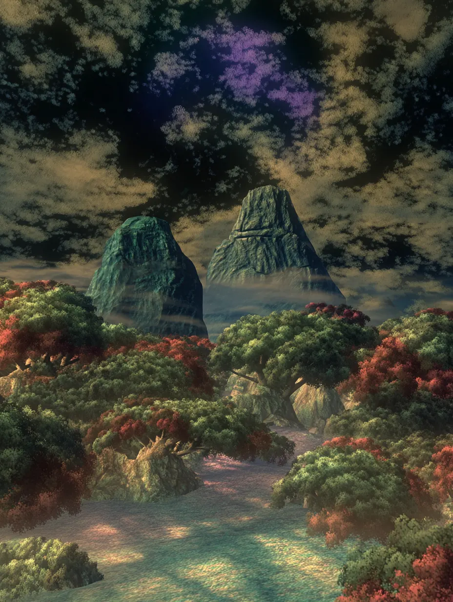 Murkwild Labrynth 01 - Petal-draped and rootbound, this forest once served as a sacred threshold between realms. Now, it twists inward. Paths shift overnight. Caverns breathe. Some who enter seeking glory emerge with hollow eyes—and some don’t emerge at all. Still, the flowers bloom.