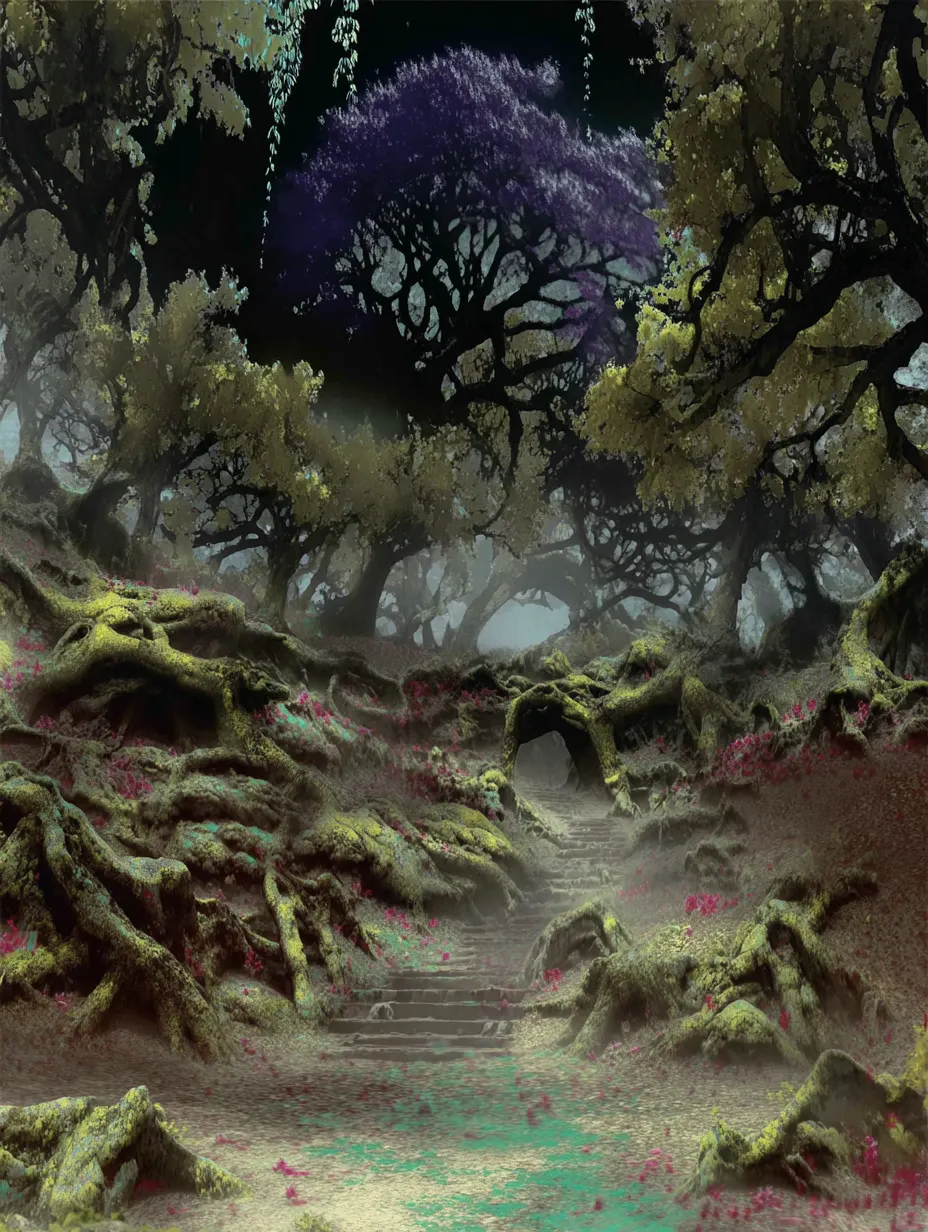 Murkwild Labrynth 02 - Petal-draped and rootbound, this forest once served as a sacred threshold between realms. Now, it twists inward. Paths shift overnight. Caverns breathe. Some who enter seeking glory emerge with hollow eyes—and some don’t emerge at all. Still, the flowers bloom.