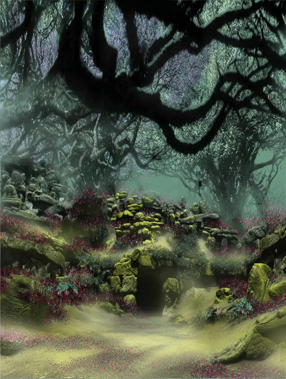 Murkwild Labrynth 03 - Petal-draped and rootbound, this forest once served as a sacred threshold between realms. Now, it twists inward. Paths shift overnight. Caverns breathe. Some who enter seeking glory emerge with hollow eyes—and some don’t emerge at all. Still, the flowers bloom.