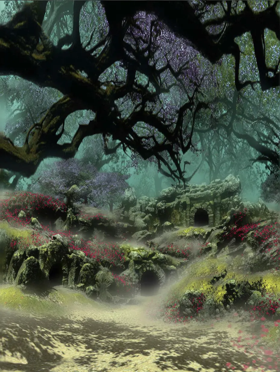 Murkwild Labrynth 04 - Petal-draped and rootbound, this forest once served as a sacred threshold between realms. Now, it twists inward. Paths shift overnight. Caverns breathe. Some who enter seeking glory emerge with hollow eyes—and some don’t emerge at all. Still, the flowers bloom.
