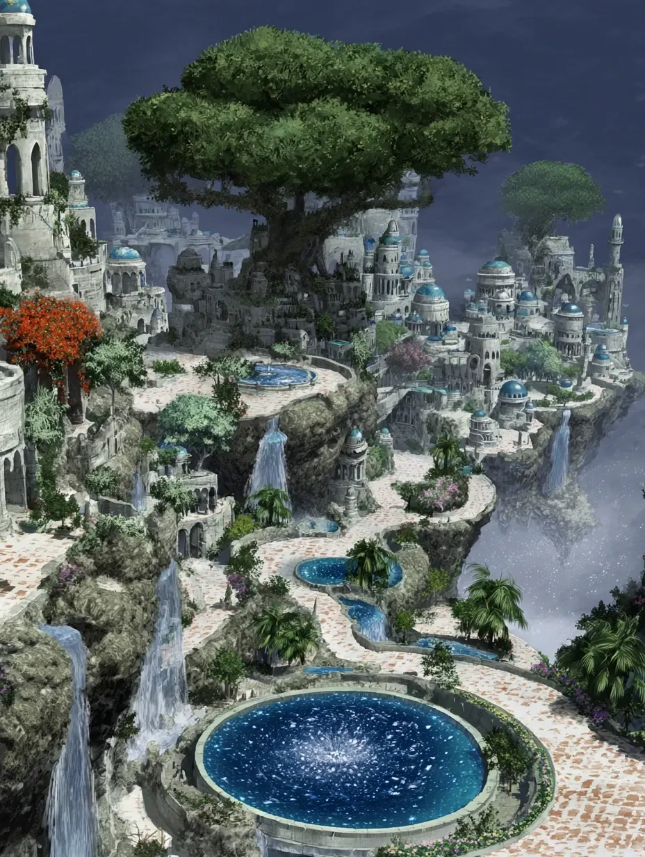 Pools of Astraya - Portals ripple like water beneath starlight; bathing here cleanses memories and resets destiny's threads. Symbol: Starry whirlpool reflecting galaxies.