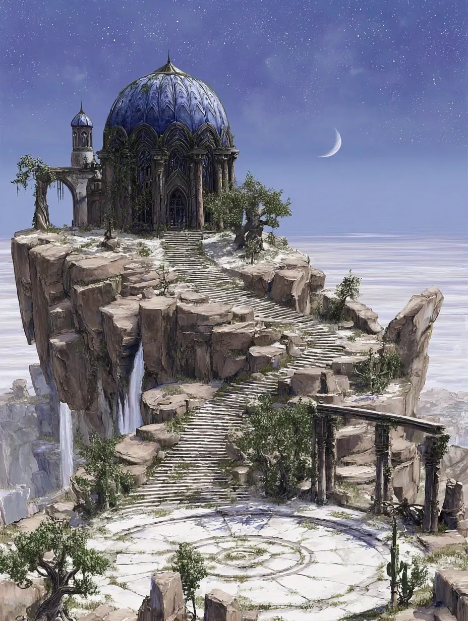 Sanctum of the Crescent Sky - Home of the twilight oracles, mapping prophecy beneath eternal crescent moons. Symbol: Crescent moon inscribed with runes.