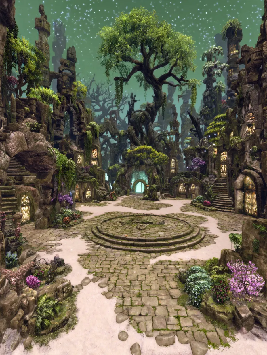 Starfen Hollow - A moss-wrapped village where the trees remember your name. Travelers trade stories in the round, and some say the central stone pulses with the breath of a starfall.