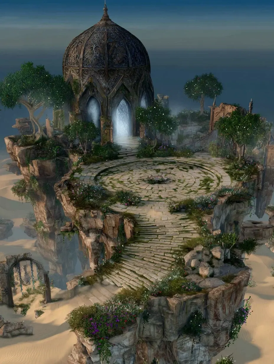 Temple of the Echoing Oasis - Winds whisper forgotten truths; step inside to relive echoes of lost selves. Symbol: Hourglass, sands flowing upwards.