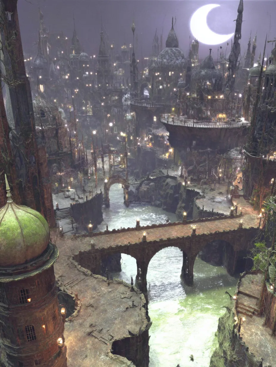 Umbral Bazaar - A city eternally illuminated by lanterns, its bridges built above the Sea of Dreams. It trades not goods but secrets, desires, and regrets.