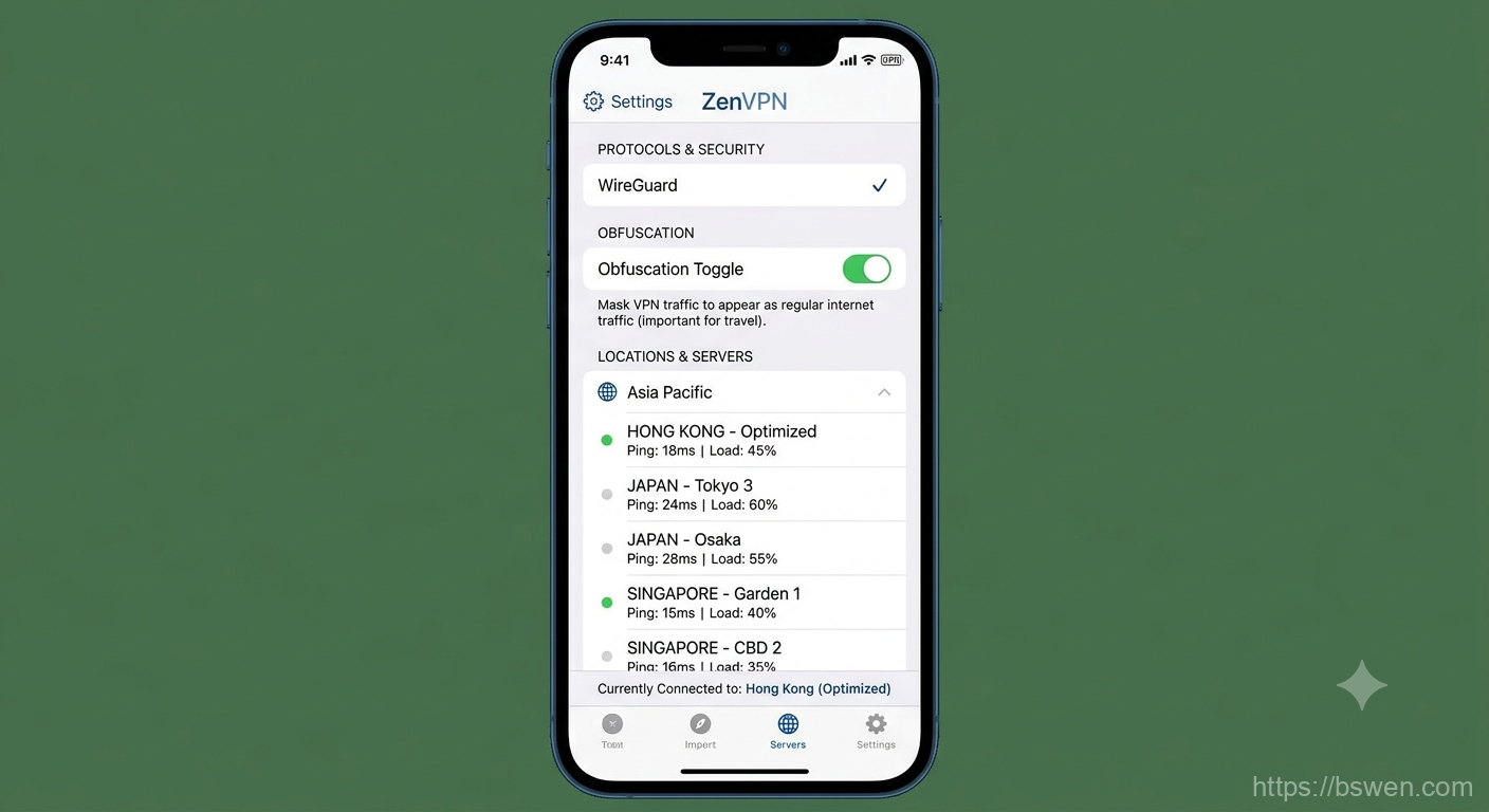 Screenshot of a VPN app interface showing an obfuscation toggle enabled, WireGuard protocol selected, and a list of Hong Kong Japan and Singapore server options with ping times