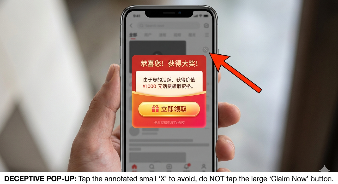 Screenshot of a Chinese app showing a red prize pop-up with Congratulations text, a large colorful Claim button, and a small gray X in the upper-right corner annotated with an arrow