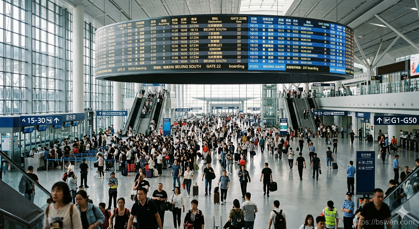 Busy interior of a modern Chinese high-speed railway station with a large electronic departure board showing train schedules and platform numbers