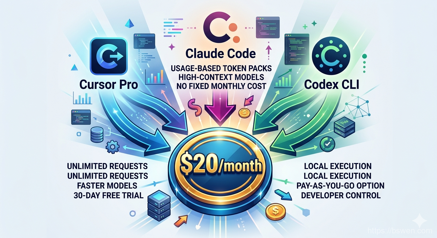 Diagram showing Cursor Pro, Claude Code, and Codex CLI logos converging on a $20/month price point label with arrows indicating different usage models: requests, tokens, and local execution.