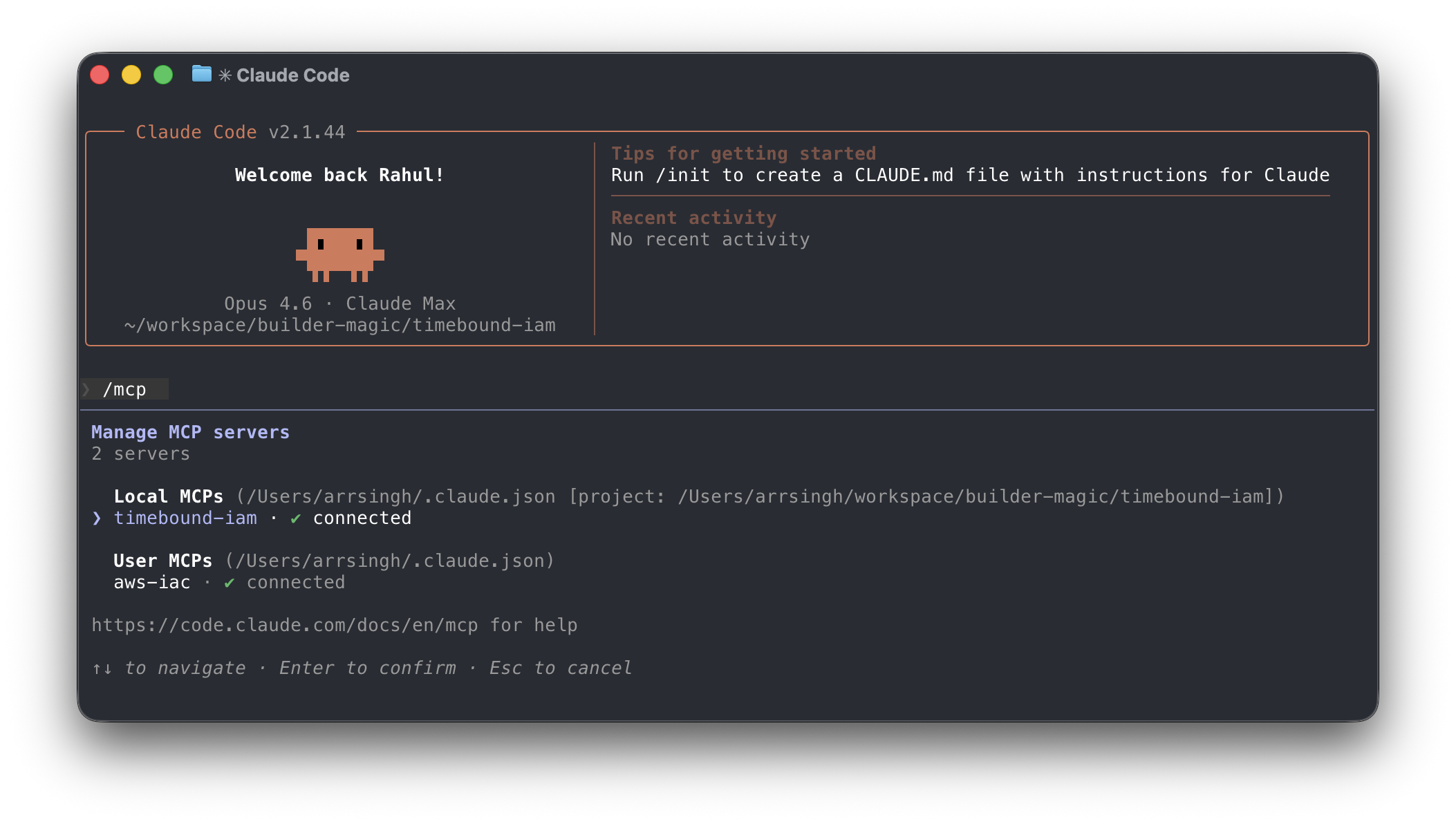Claude Code /mcp command showing timebound-iam connected