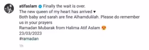 Atif Aslam Blessed With A Baby Girl
