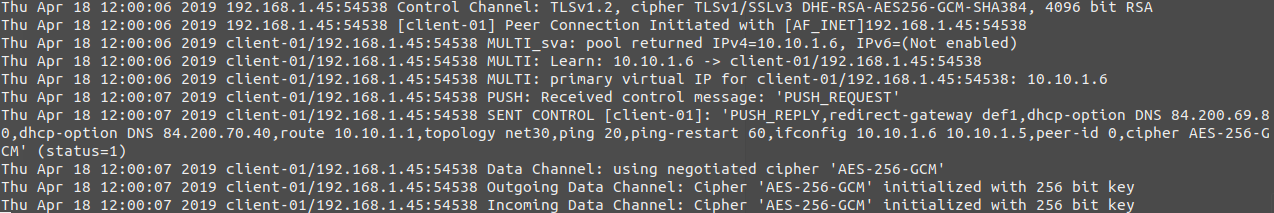 Смотрим log-файл OpenVPN сервера