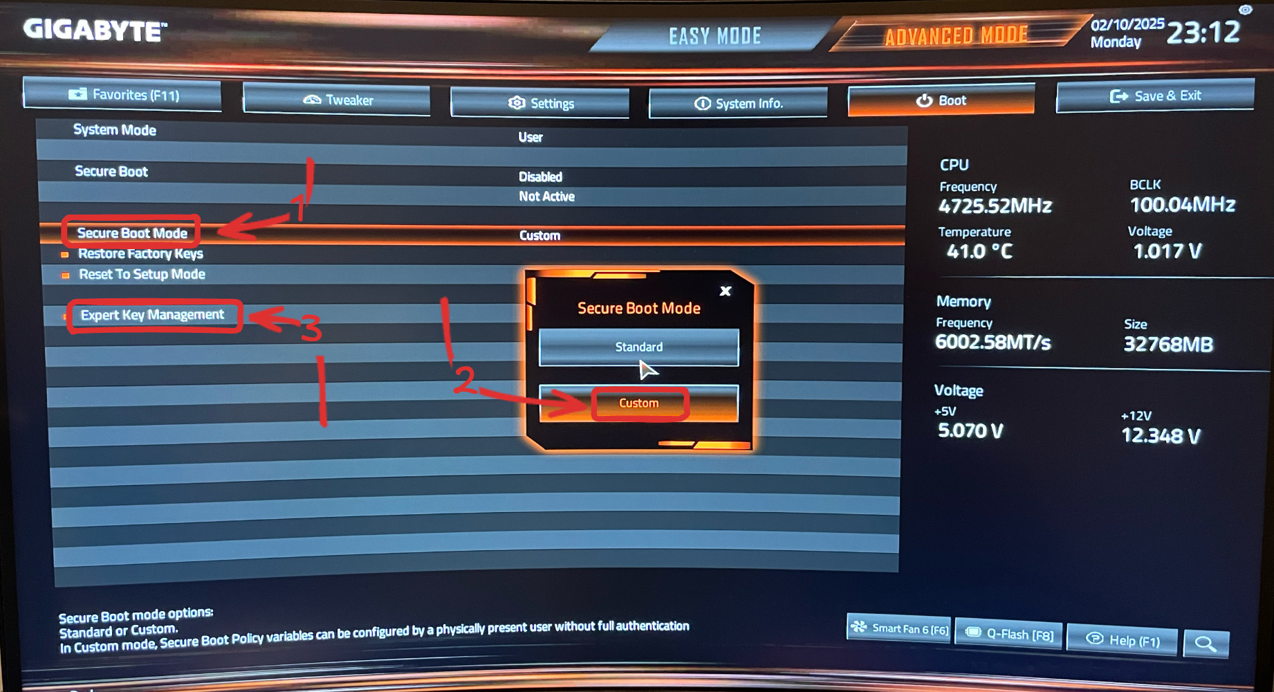 Switch to the custom secure boot mode.