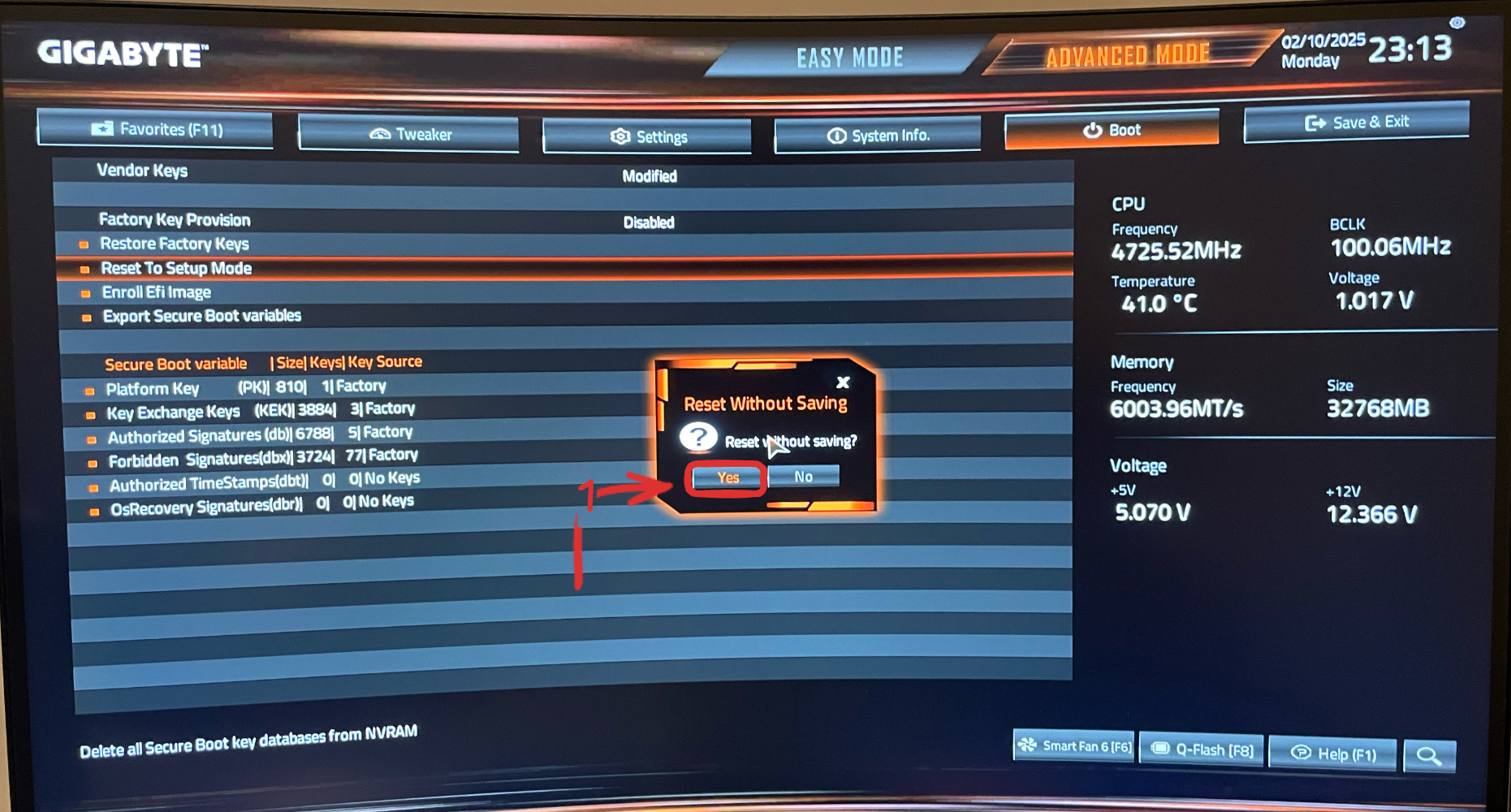 Verify to delete default secure boot keys.