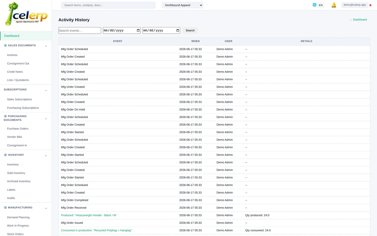 Celerp searchable audit log of user activity