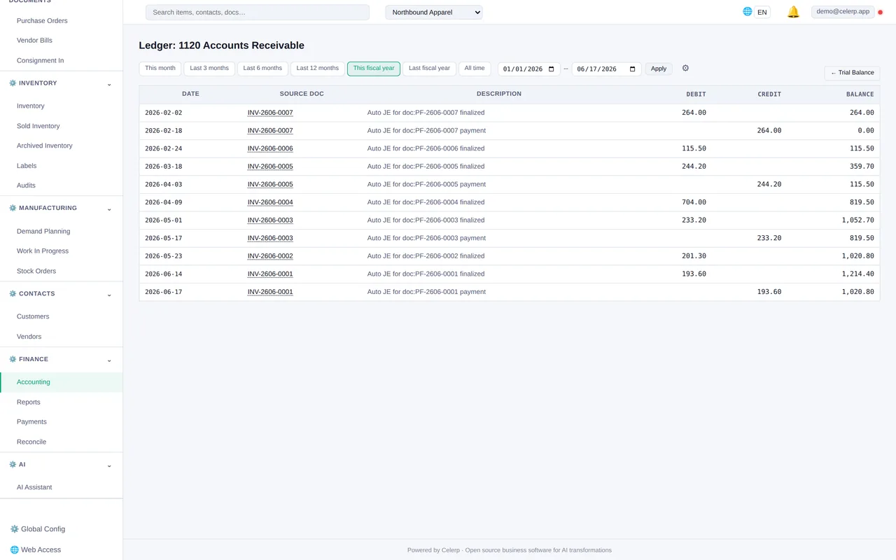 Celerp general ledger with automatic journal entries