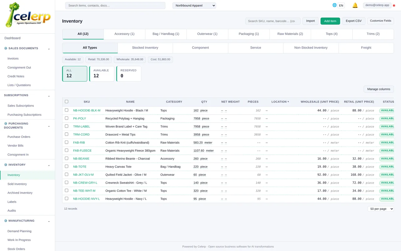 Celerp multi-location inventory with cost and retail pricing