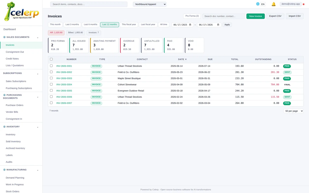 Celerp invoice list and document workflow