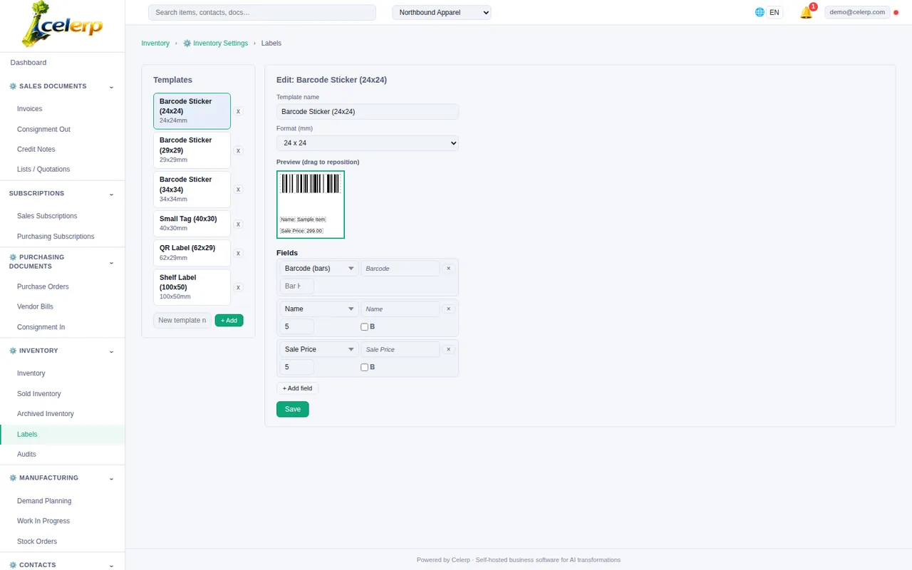 Celerp label designer with drag-and-drop barcode and price fields