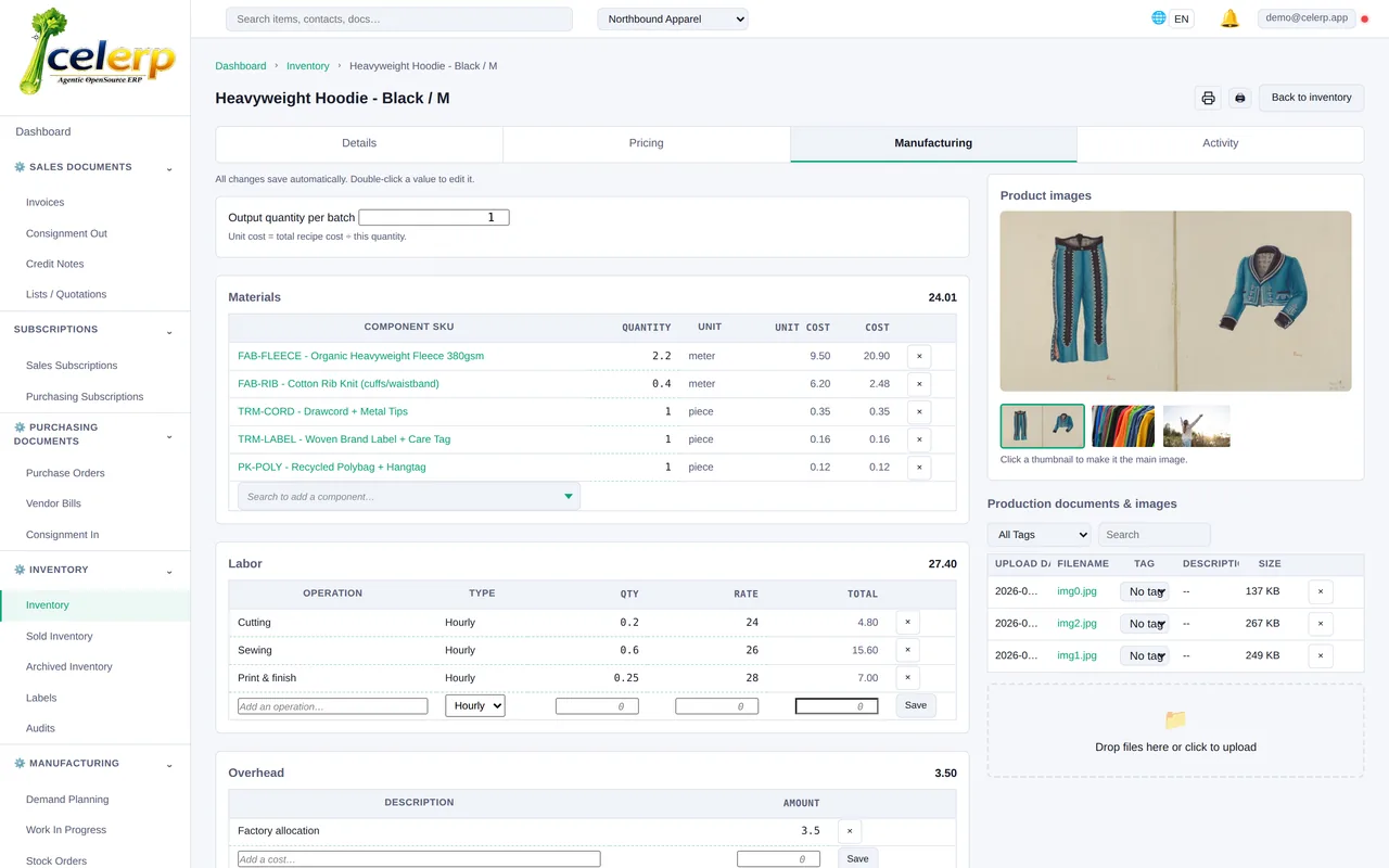Celerp production worksheet with bill of materials, labor, and overhead costing