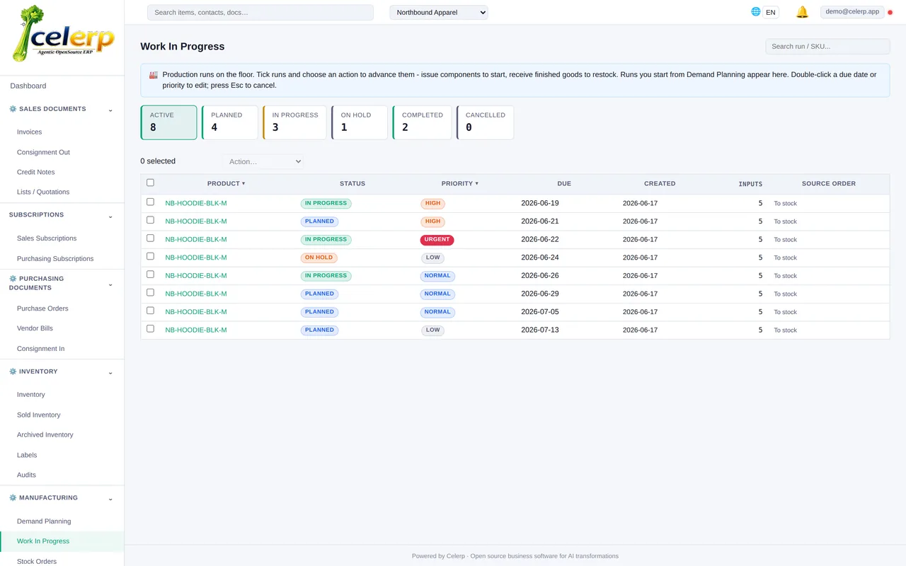 Production planning board in Celerp by status and due date