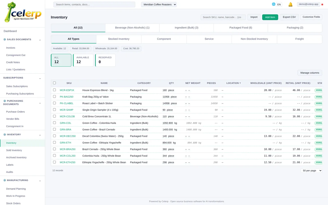 Food and beverage inventory in Celerp with batches and pricing