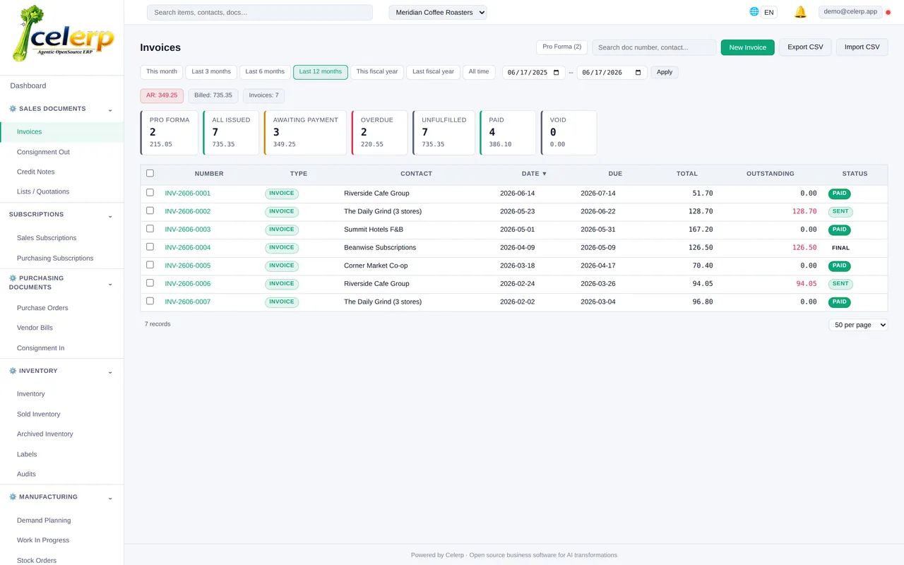 Celerp invoice list for a food and beverage business