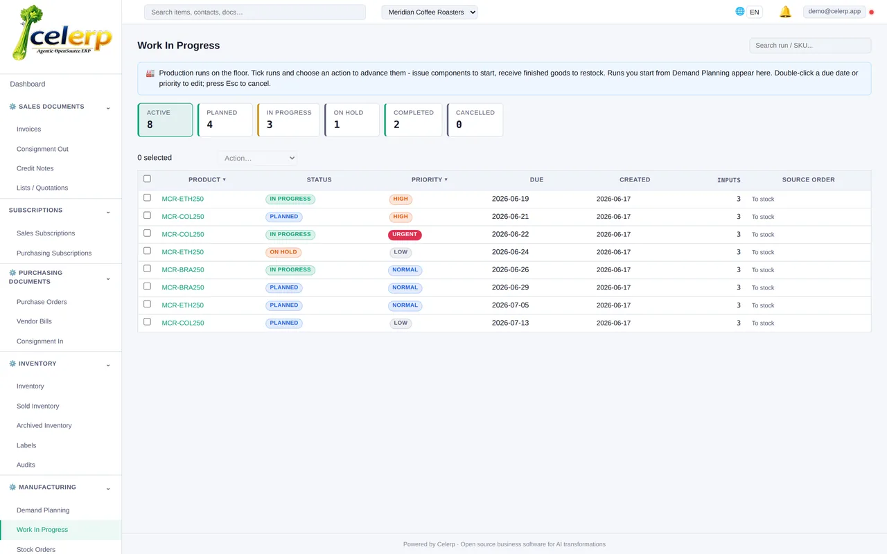 Production planning board in Celerp tracking batches by status