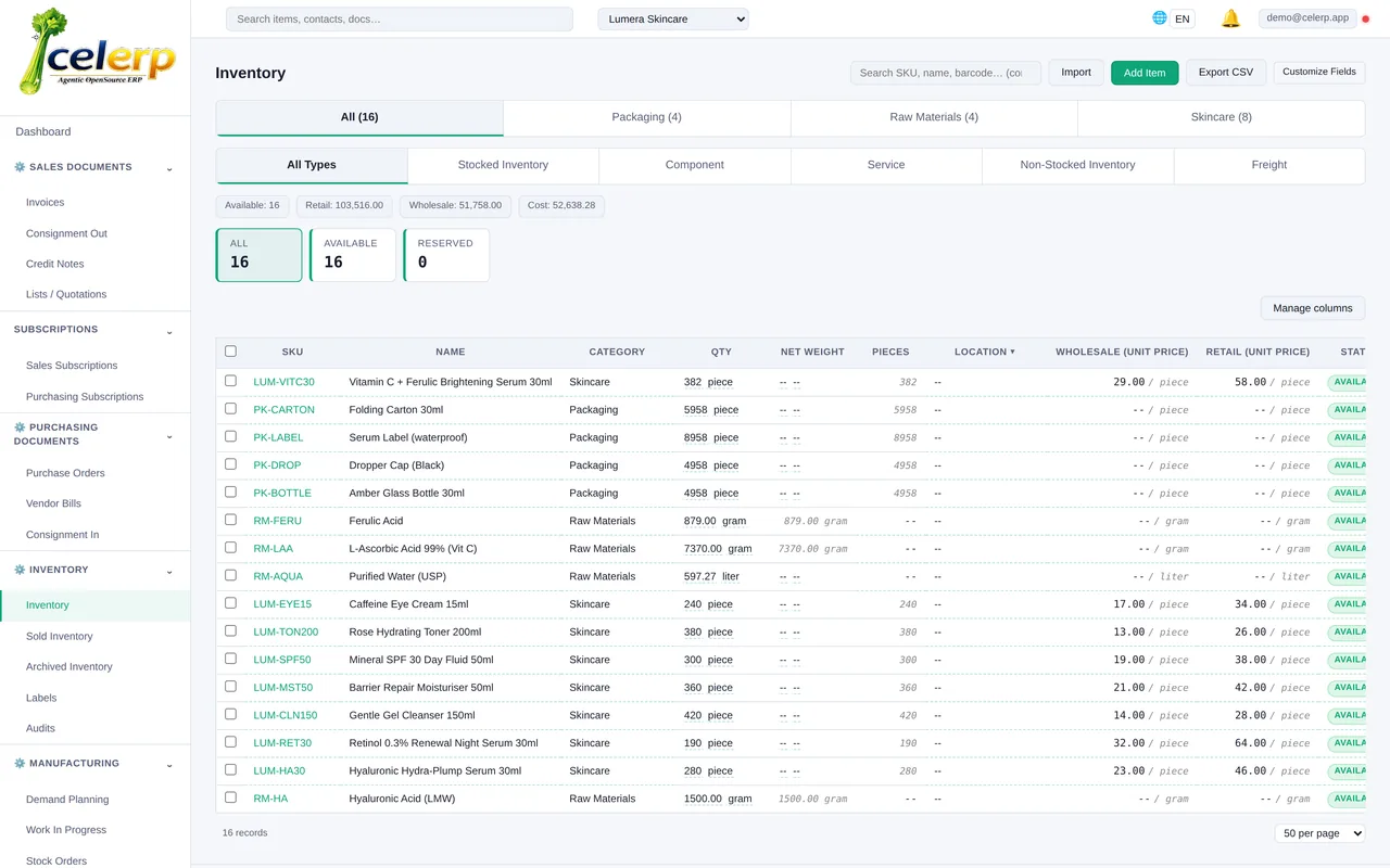Beauty product inventory in Celerp with shade, size and price