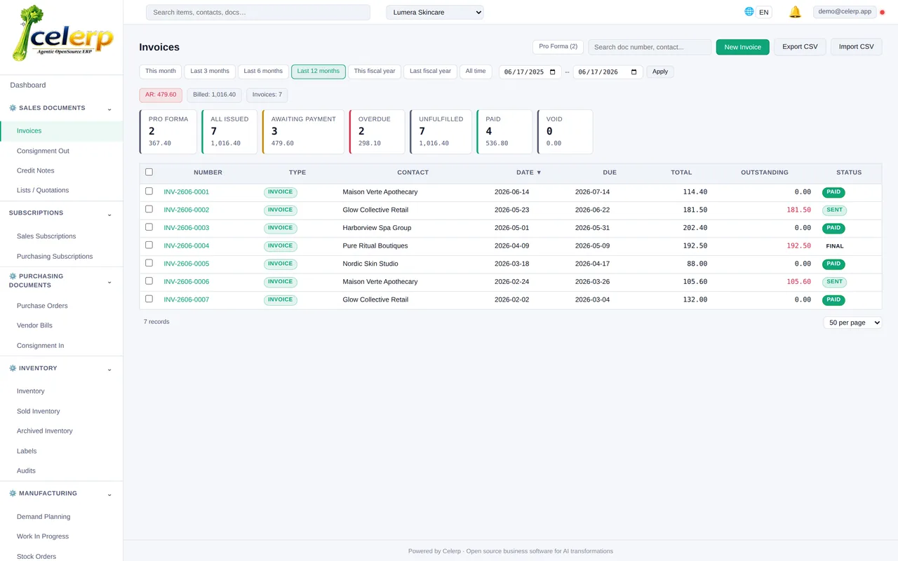 Celerp invoice list for a beauty brand