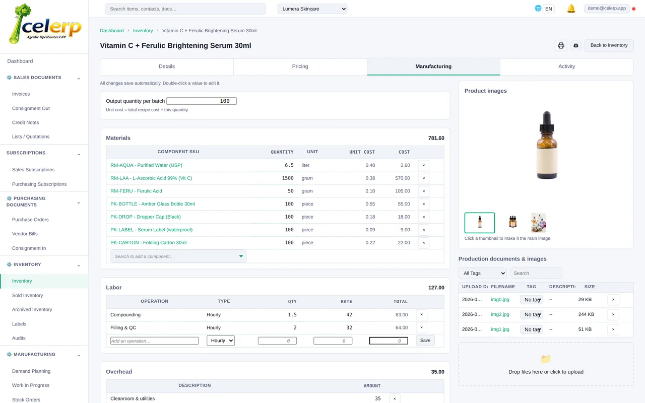 Celerp production worksheet showing ingredients, packaging and the finished cost per unit