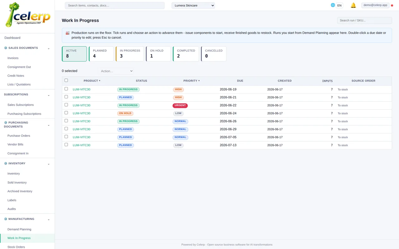 Production planning board in Celerp tracking batches by status