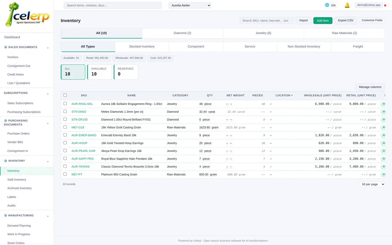 Celerp multi-location inventory with cost and retail pricing