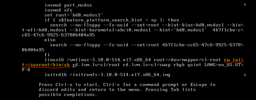将 ro 行更改为 rw 并添加 init=/sysroot/bin/sh