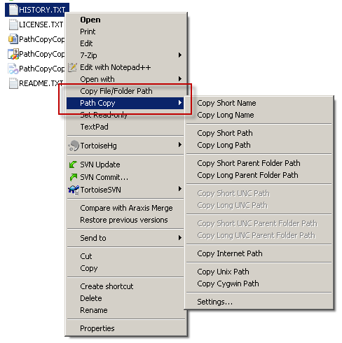 The Path Copy Copy contextual menu items