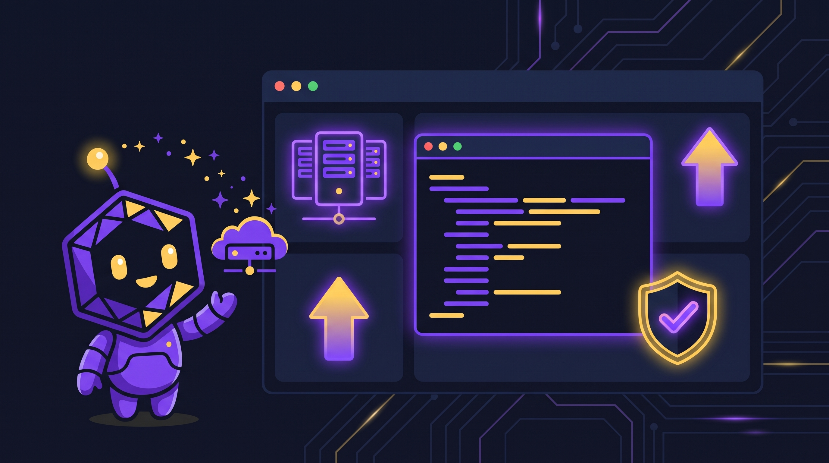 awesome-coolify-mcp — a friendly mascot next to a glowing dashboard showing a server fleet, a terminal, a deploy arrow, and a safety shield