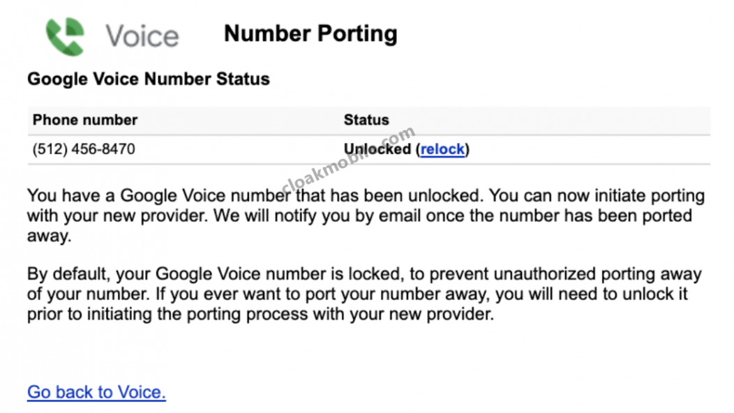 unlock the Google Voice number
